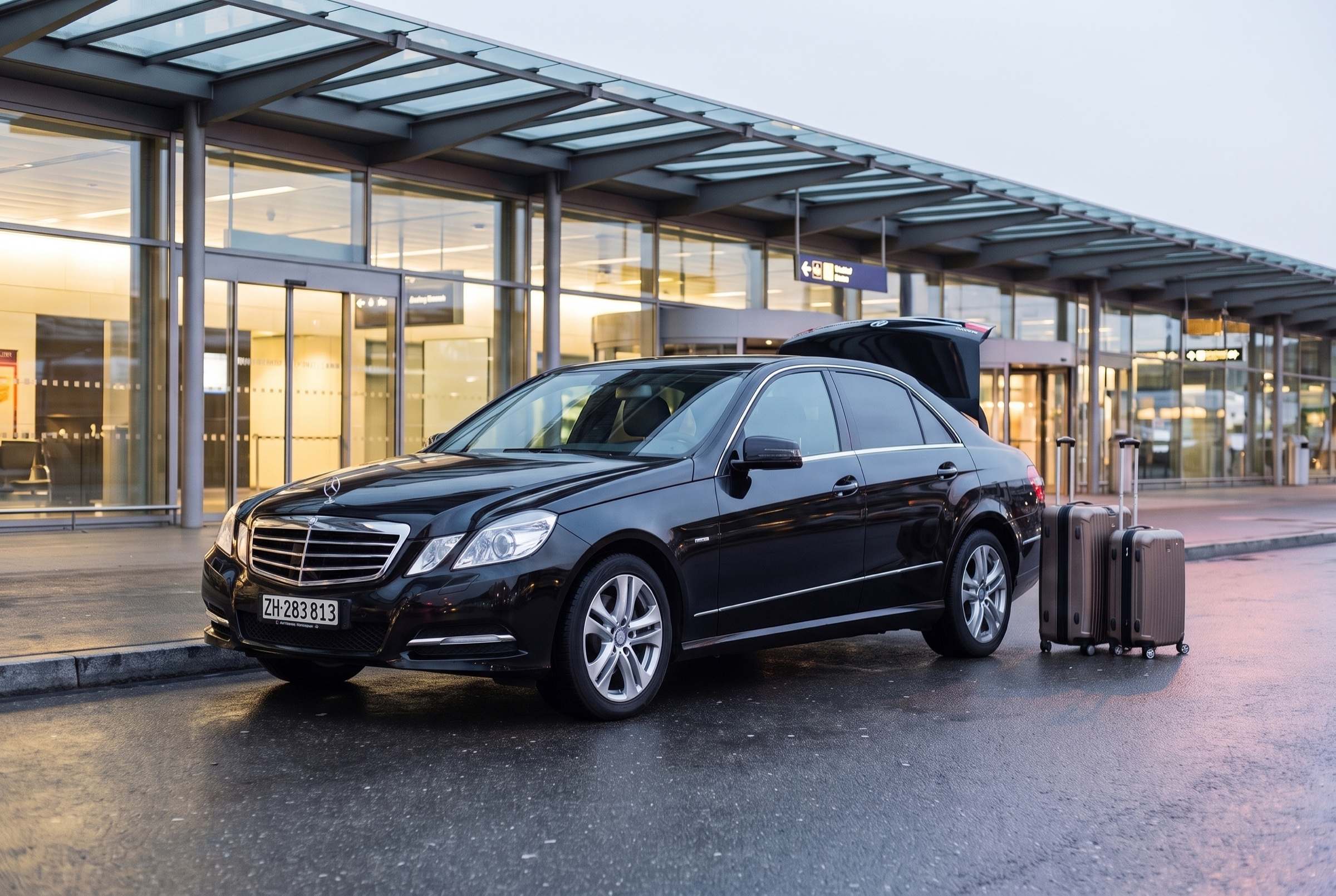 Schwarze Mercedes E-Klasse von Zürisee Taxi mit offenem Kofferraum und zwei Koffern vor dem Flughafen-Terminal